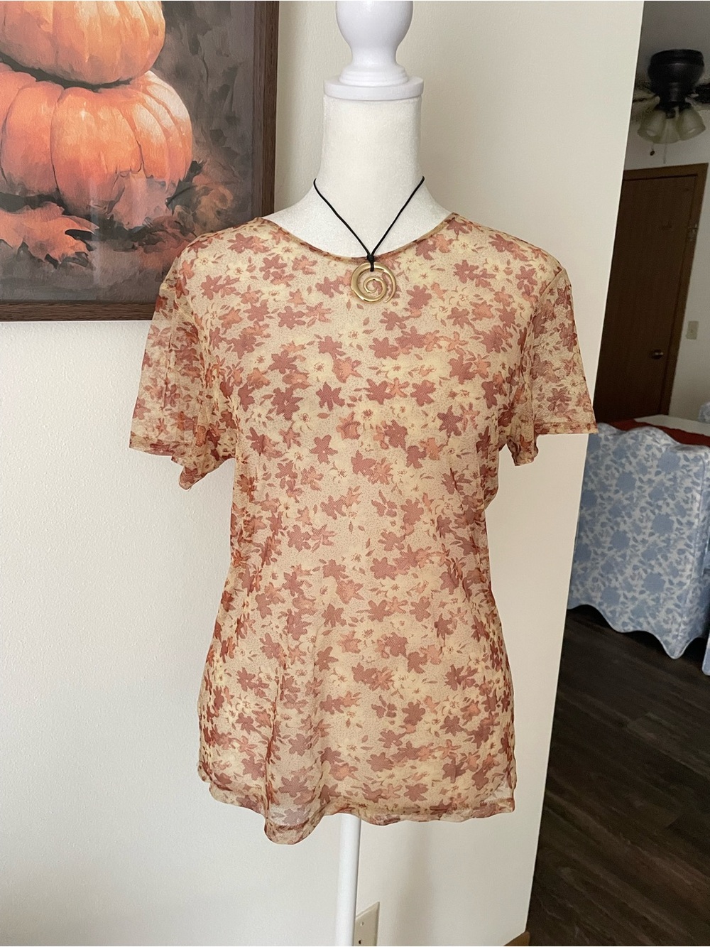 Limited America 90s Y2K Vintage Floral Leaf Sheer Mesh Short Sleeve Top Medium